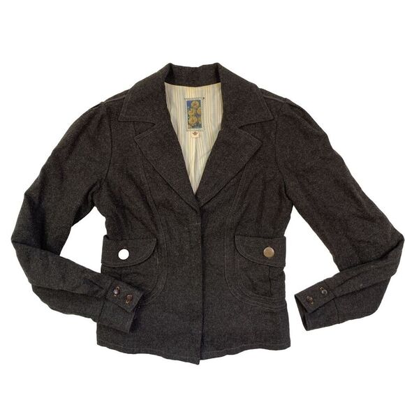 Vtg Anthropologie Burning Torch Wool Zip Blazer Coat S Brown Jacket Academia Y2K - Picture 3 of 15